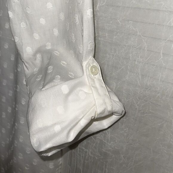 Van Heusen L White Cotton Swiss Dot Long Tab Roll up Sleeve V-Neck Top - Picture 11 of 14